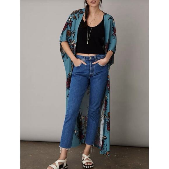 Anthropologie Bel Kazan Blue Floral One Size Short Sleeve Long Duster Kimono - Picture 3 of 9